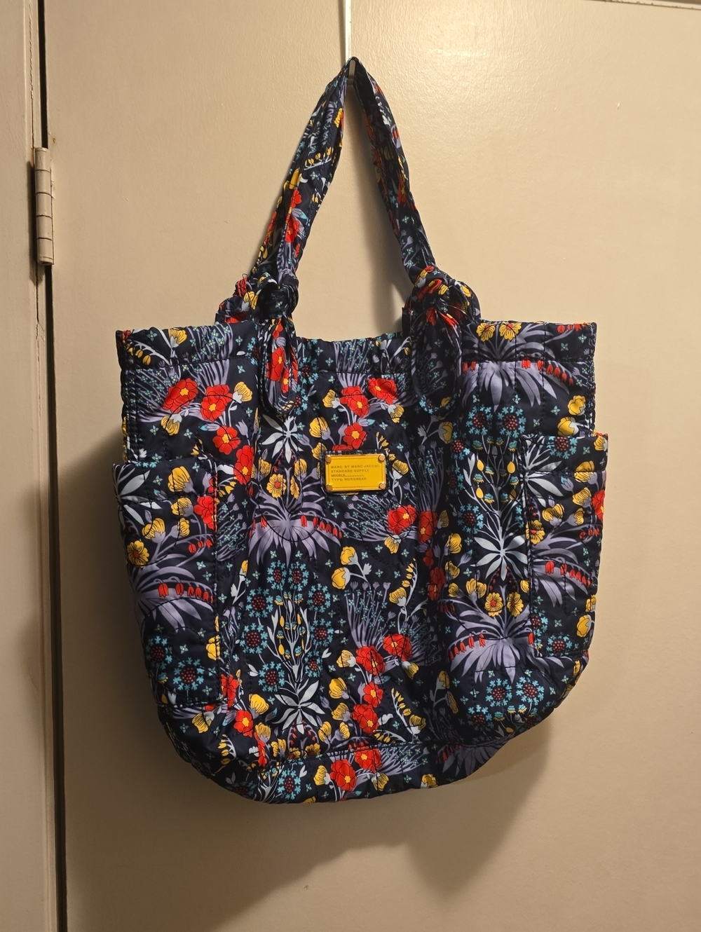 Marc Jacob Navy Floral Quilted Tote with Red & Yellow Blooms